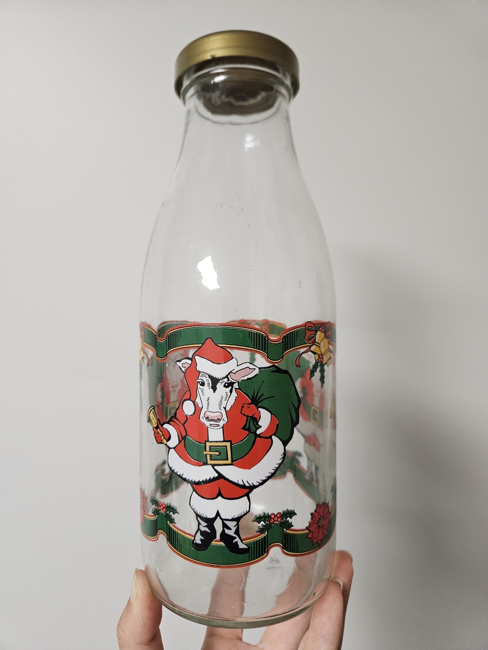 Vintage Holiday Cow Santa Glass Milk Bottle
